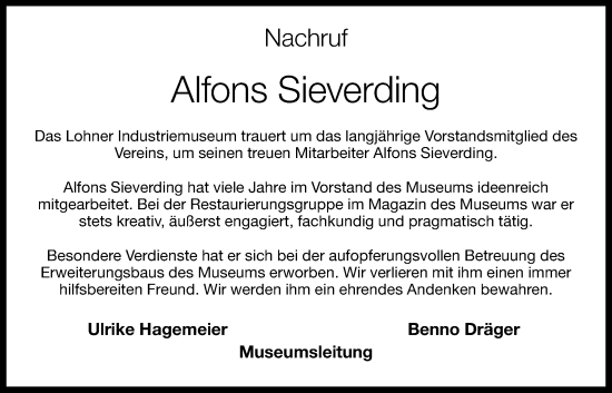 Anzeige von Alfons Sieverding von OM-Medien