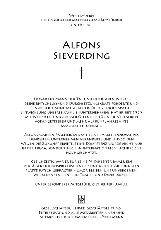 Anzeige von Alfons Sieverding von OM-Medien