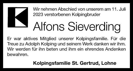 Anzeige von Alfons Sieverding von OM-Medien