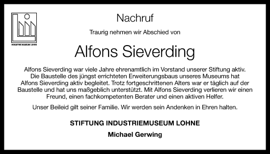 Anzeige von Alfons Sieverding von OM-Medien