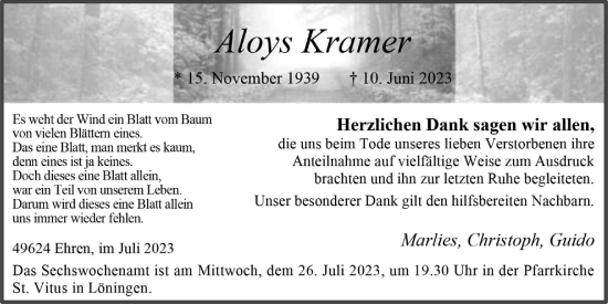Anzeige von Aloys Kramer von OM-Medien
