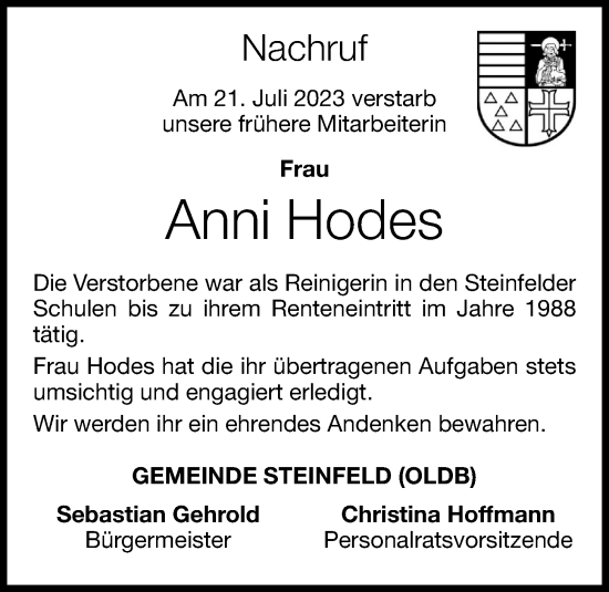 Anzeige von Anni Hodes von OM-Medien