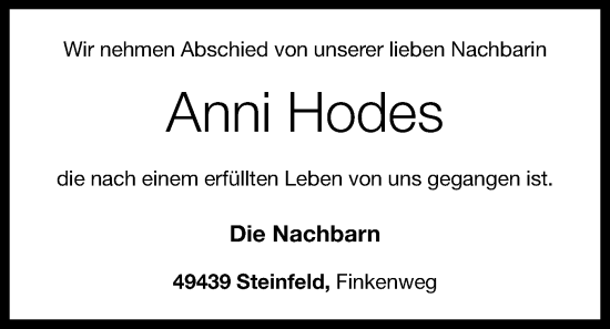 Anzeige von Anni Hodes von OM-Medien