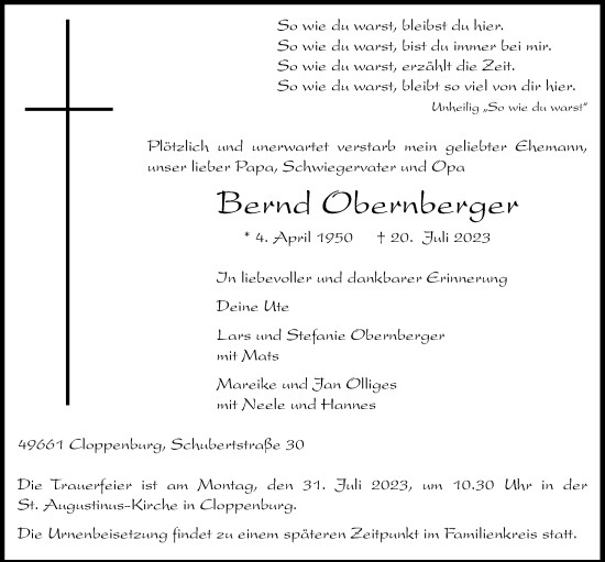 Anzeige von Bernd Obernberger von OM-Medien