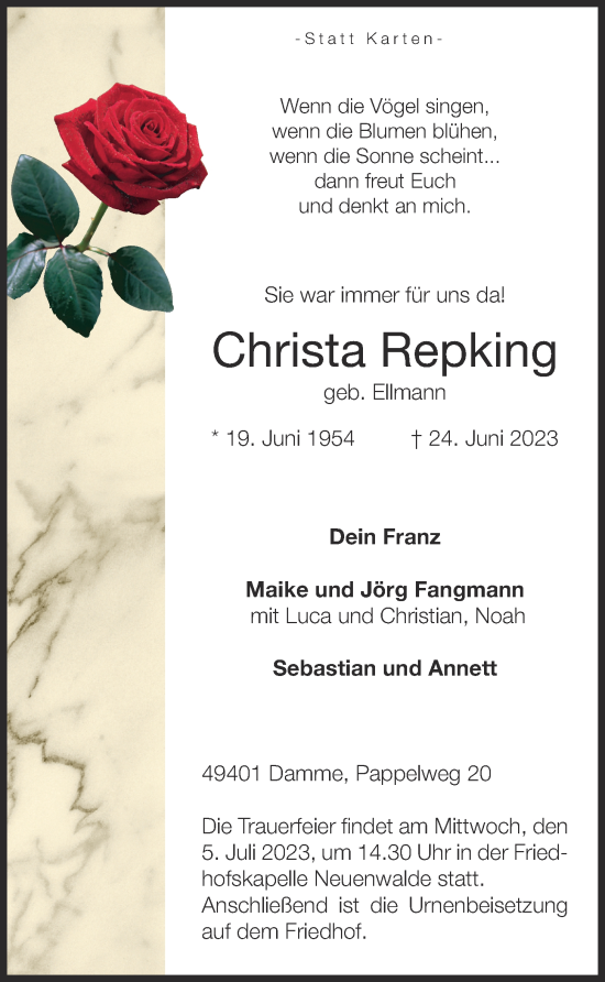 Anzeige von Christa Repking von OM-Medien