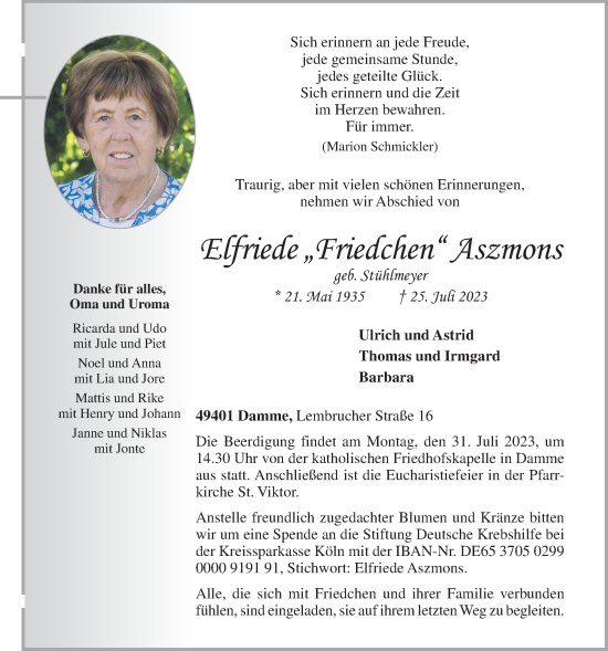 Anzeige von Elfriede Aszmons von OM-Medien