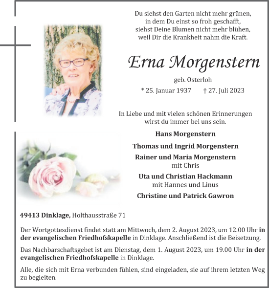 Anzeige von Erna Morgenstern von OM-Medien