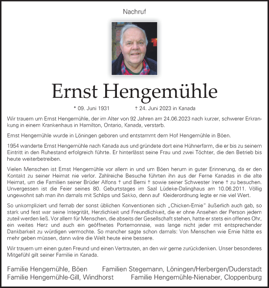Anzeige von Ernst Hengemühle von OM-Medien