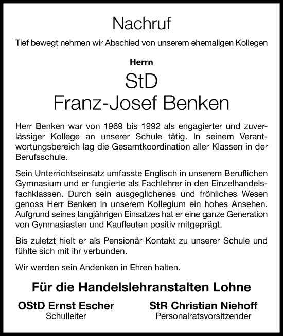 Anzeige von Franz-Josef Benken von OM-Medien