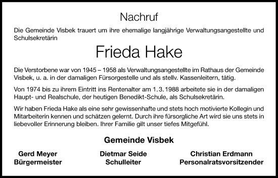 Anzeige von Frieda Hake von OM-Medien