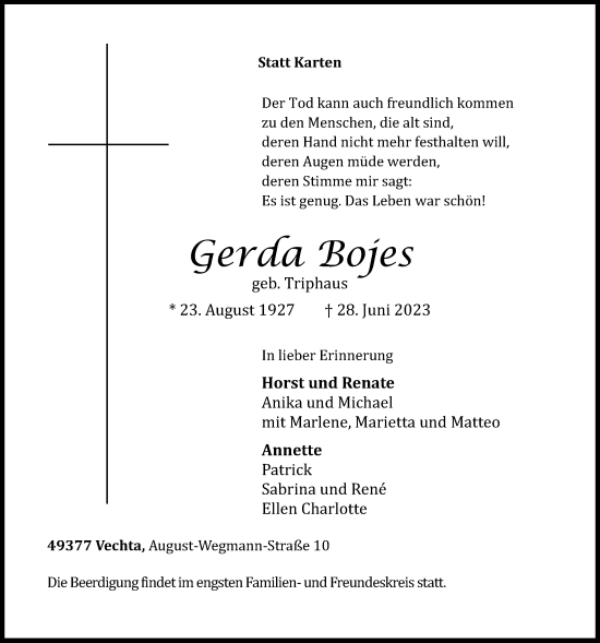 Anzeige von Gerda Bojes von OM-Medien