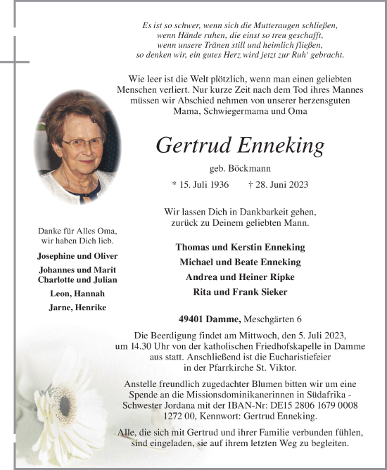 Anzeige von Gertrud Enneking von OM-Medien