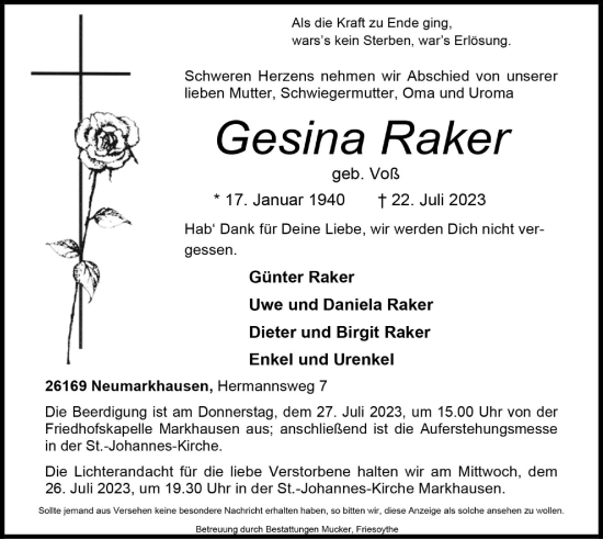 Anzeige von Gesine Raker von OM-Medien