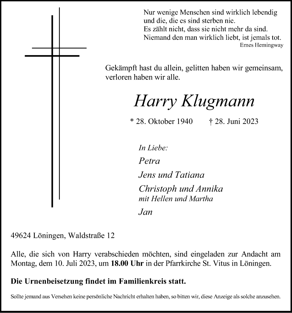  Traueranzeige für Harry Klugmann vom 06.07.2023 aus OM-Medien