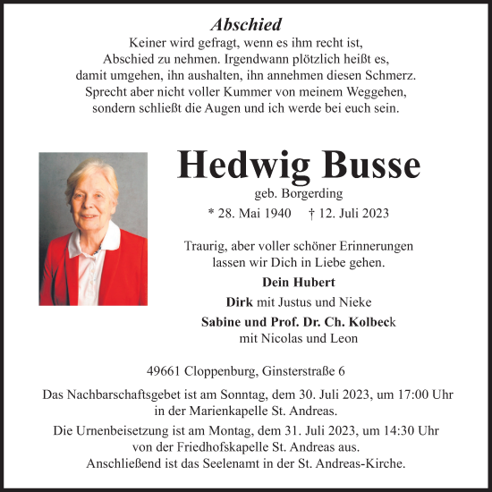 Anzeige von Hedwig Busse von OM-Medien