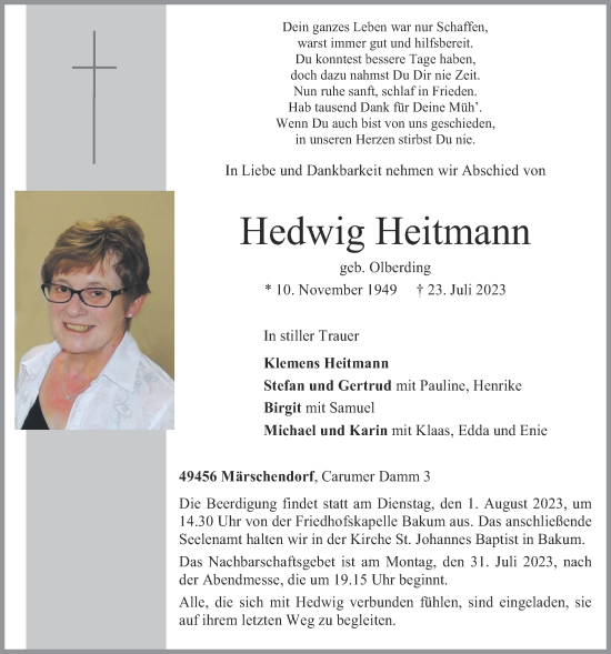 Anzeige von Hedwig Heitmann von OM-Medien