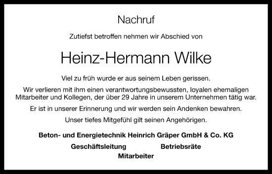 Anzeige von Heinz-Hermann Wilke von OM-Medien