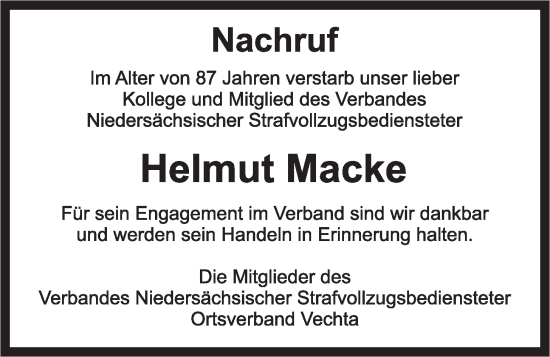 Anzeige von Helmut Macke von OM-Medien
