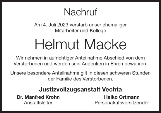 Anzeige von Helmut Macke von OM-Medien