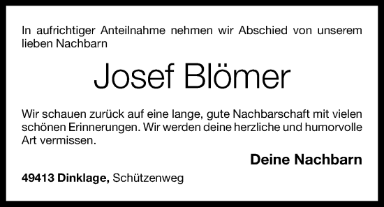 Anzeige von Josef Blömer von OM-Medien