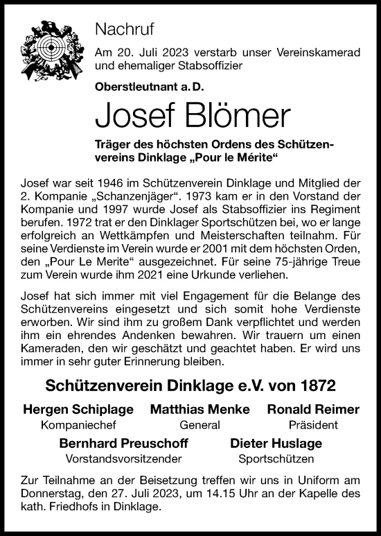 Anzeige von Josef Blömer von OM-Medien