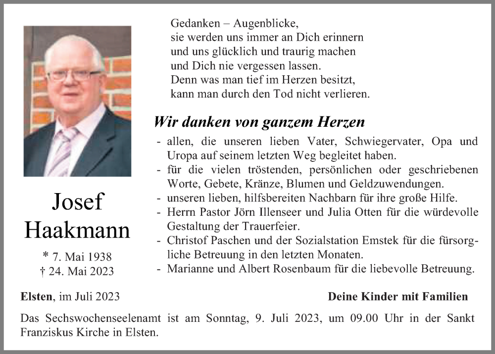  Traueranzeige für Josef Haakmann vom 07.07.2023 aus OM-Medien