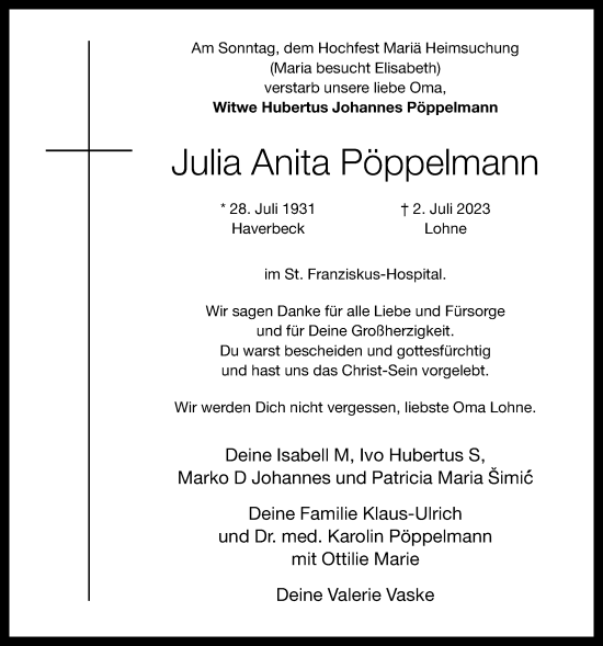 Anzeige von Julia Anita Pöppelmann von OM-Medien