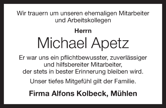 Anzeige von Michael Apetz von OM-Medien