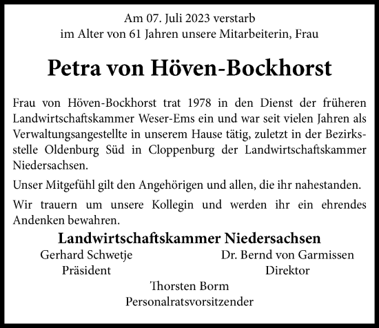 Anzeige von Petra von Höven-Bockhorst von OM-Medien