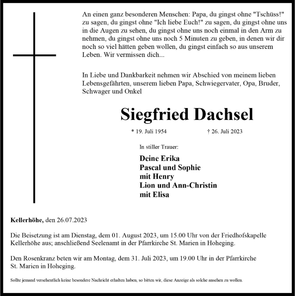  Traueranzeige für Siegfried Dachsel vom 29.07.2023 aus OM-Medien