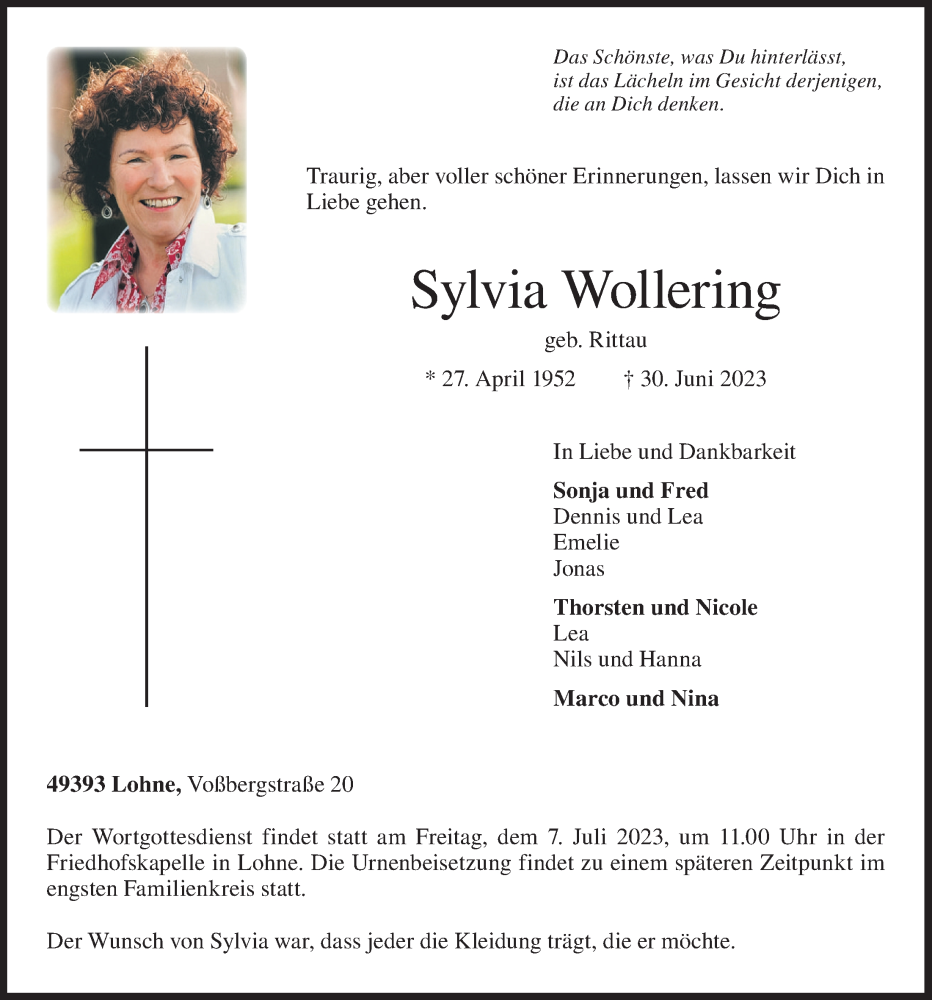 Traueranzeige für Sylvia Wollering vom 04.07.2023 aus OM-Medien