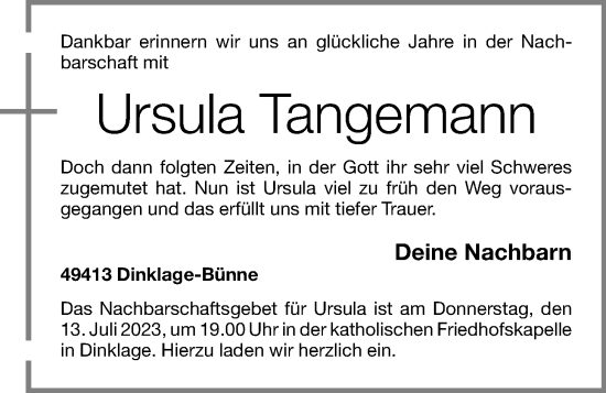 Anzeige von Ursula Tangemann von OM-Medien