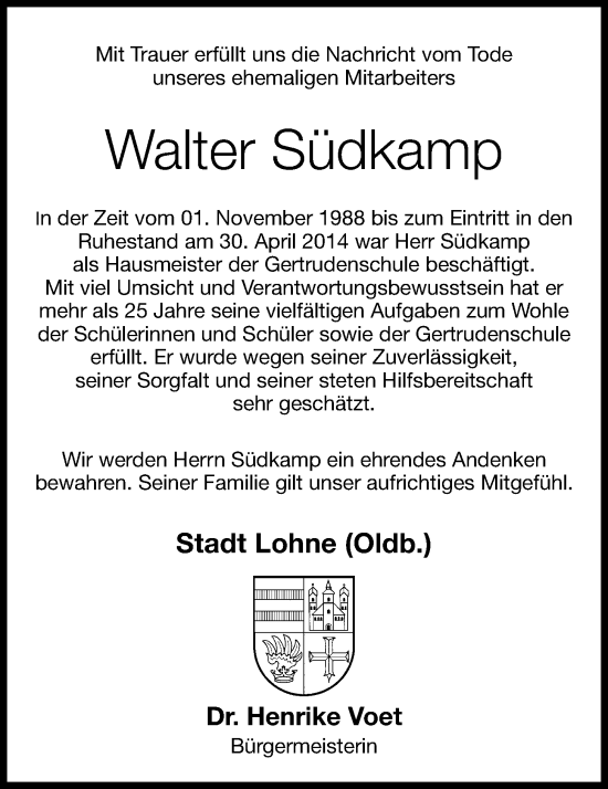 Anzeige von Walter Südkamp von OM-Medien