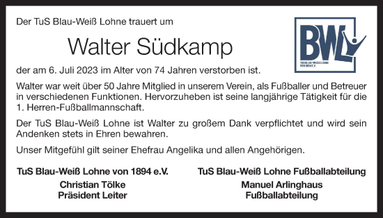 Anzeige von Walter Südkamp von OM-Medien