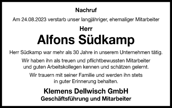 Anzeige von Alfons Südkamp von OM-Medien