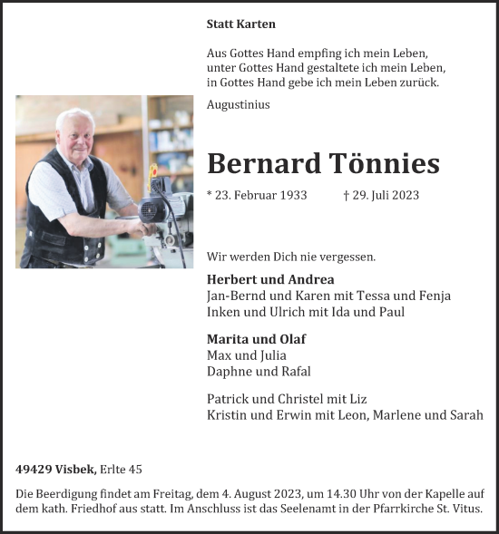 Anzeige von Bernard Tönnies von OM-Medien