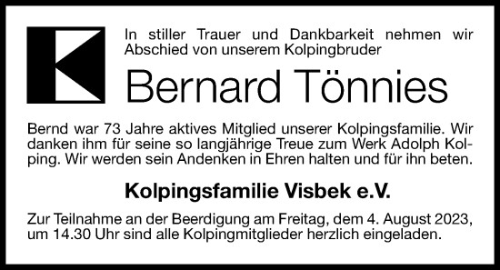 Anzeige von Bernard Tönnies von OM-Medien