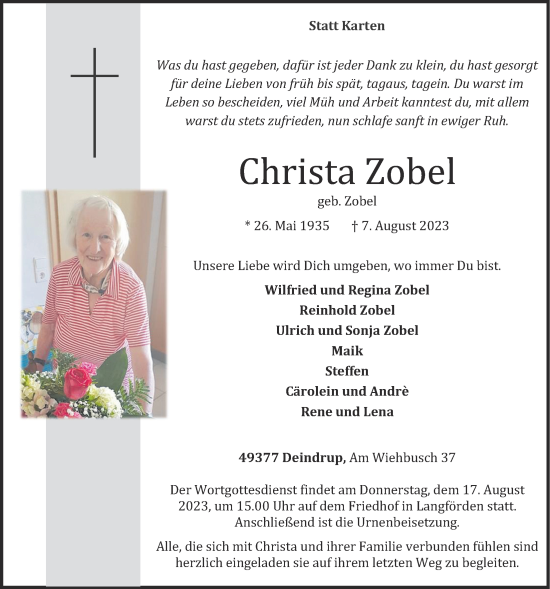 Anzeige von Christa Zobel von OM-Medien