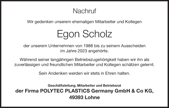 Anzeige von Egon Scholz von OM-Medien