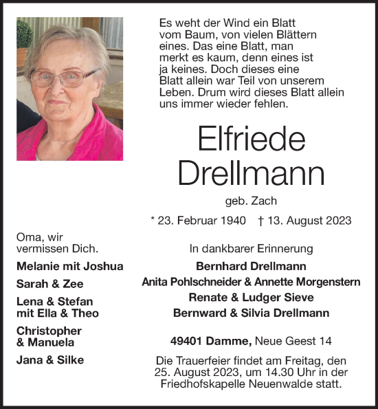 Anzeige von Elfriede Drellmann von OM-Medien