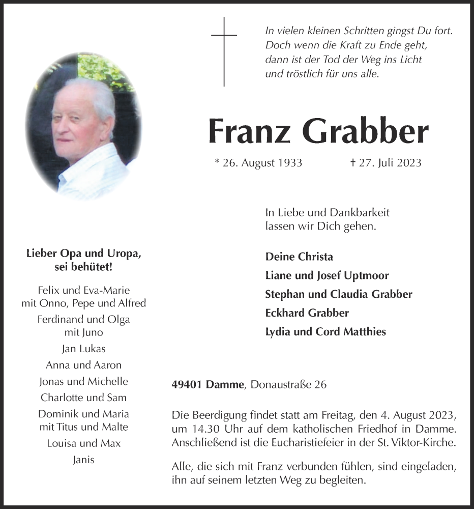  Traueranzeige für Franz Grabber vom 01.08.2023 aus OM-Medien
