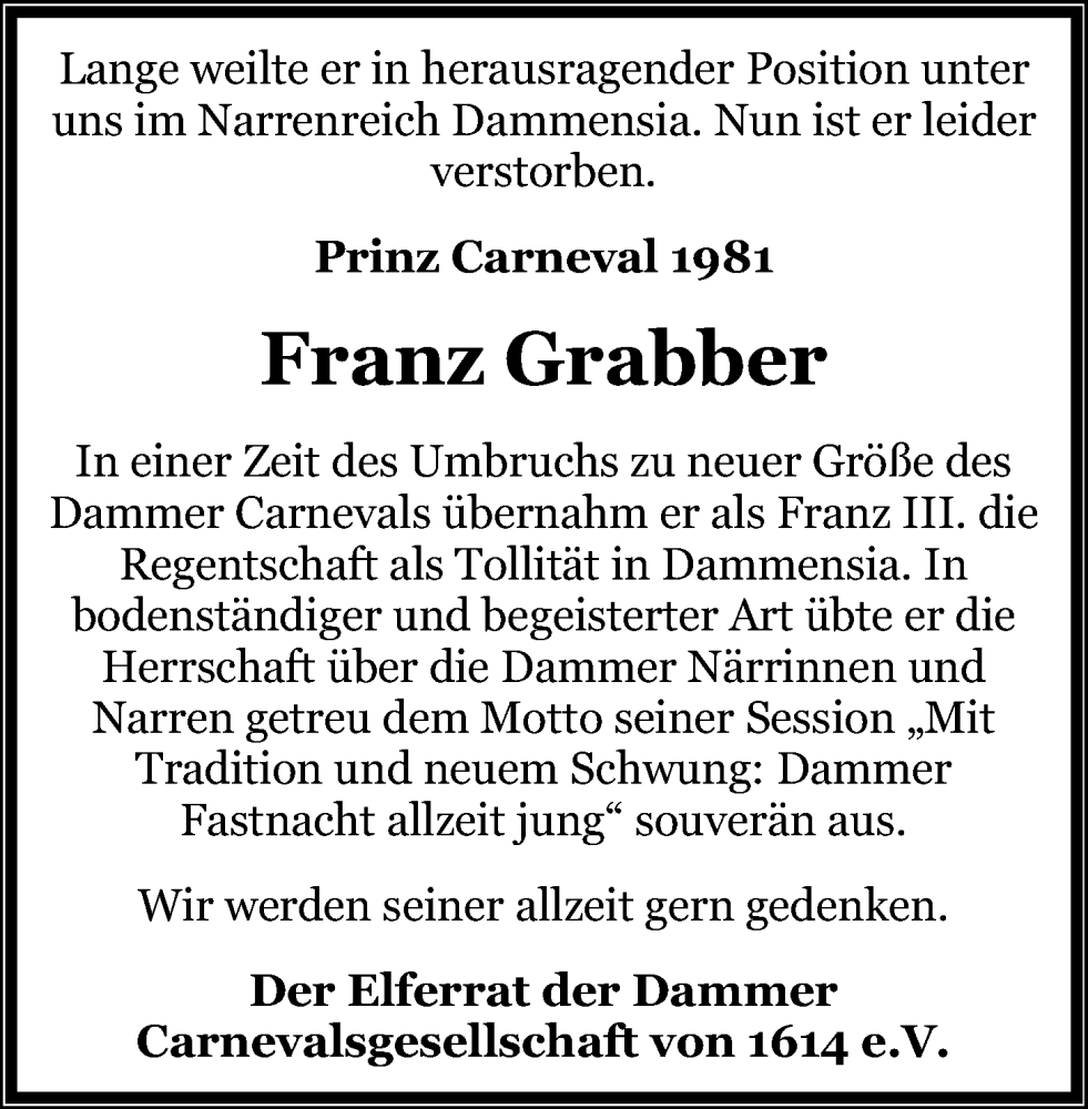  Traueranzeige für Franz Grabber vom 03.08.2023 aus OM-Medien