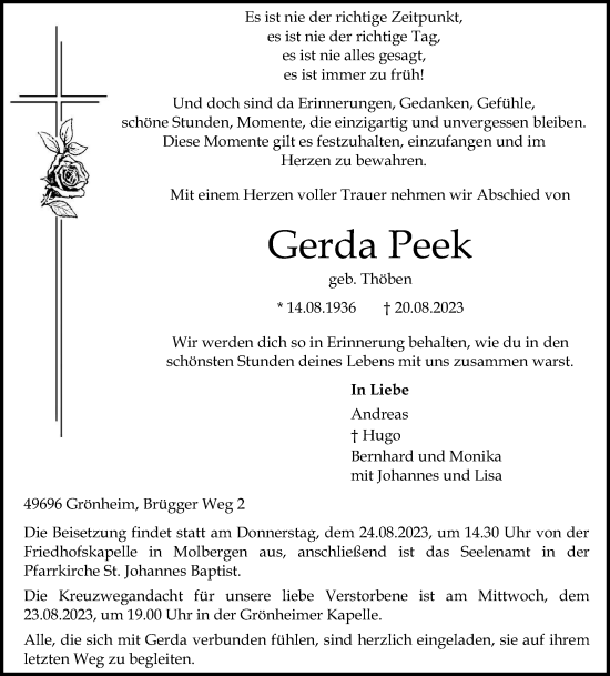 Anzeige von Gerda Peek von OM-Medien