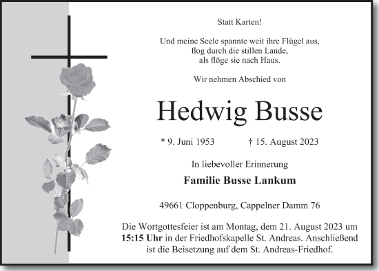 Anzeige von Hedwig Busse von OM-Medien