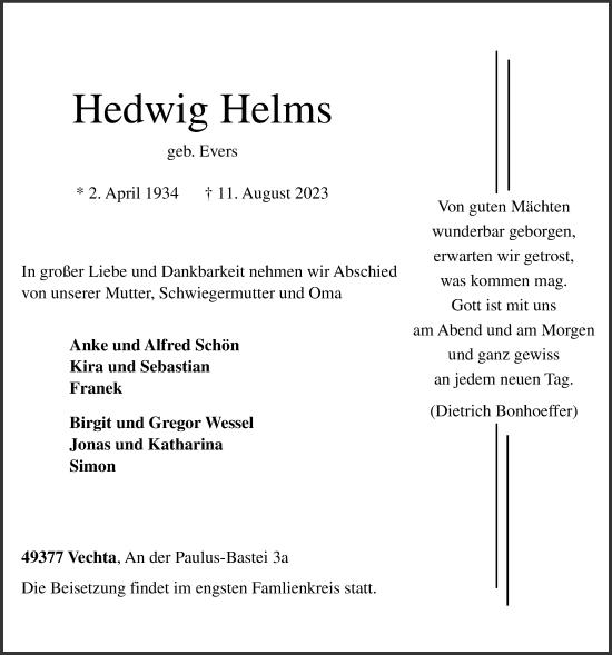 Anzeige von Hedwig Helms von OM-Medien