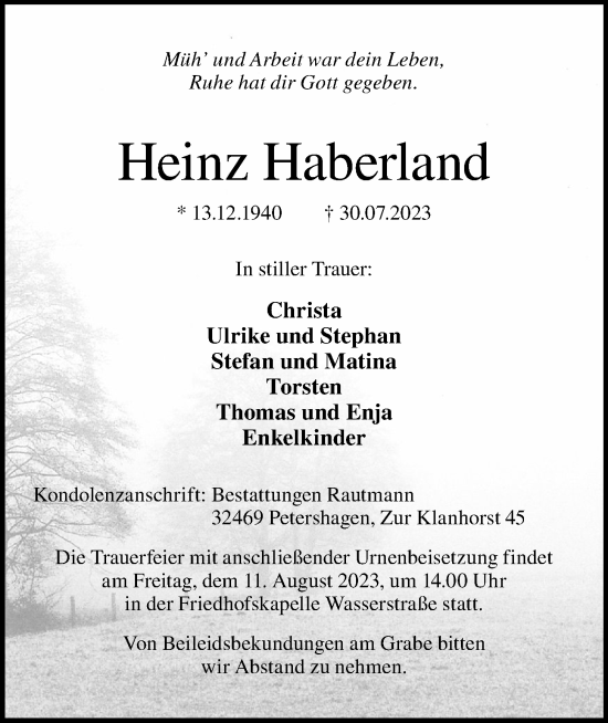 Anzeige von Heinz Haberland von OM-Medien