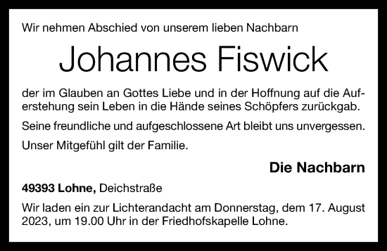 Anzeige von Johannes Fiswick von OM-Medien