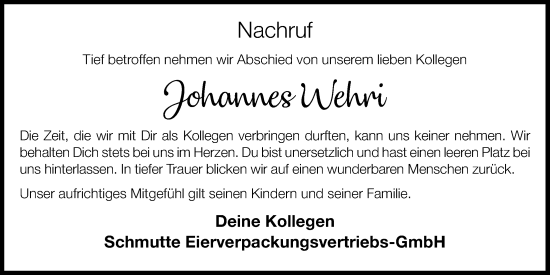 Anzeige von Johannes Wehri von OM-Medien