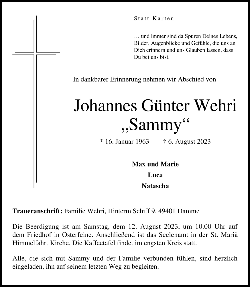  Traueranzeige für Johannes Günter Wehri vom 10.08.2023 aus OM-Medien