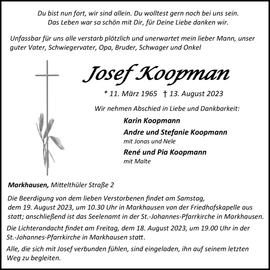 Anzeige von Josef Koopman von OM-Medien